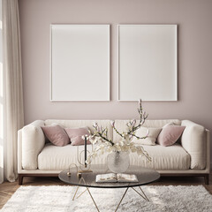 Mockup poster frame on the wall of living room. Luxurious apartment background with contemporary design. Modern interior design. 3D render, 3D illustration