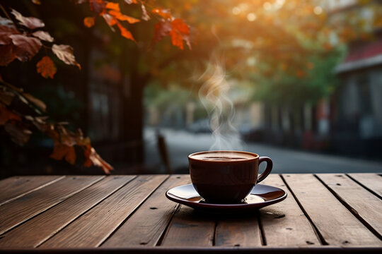 a cup of coffee on wooden cafe table street view with fall autumn trees