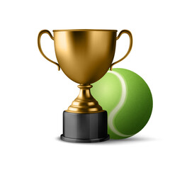 Vector 3d Realistic Blank Golden Champion Cup Icon with Tennis Ball Set Closeup on Green Background. Design Template of Championship Trophy. Sport Tournament Award, Gold Winner Cup and Victory Concept
