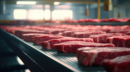 Wagyu beef processing plant, beef on the conveyor belt