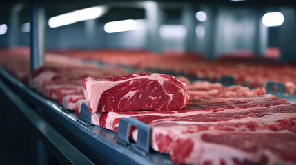 Wagyu beef processing plant, beef on the conveyor belt