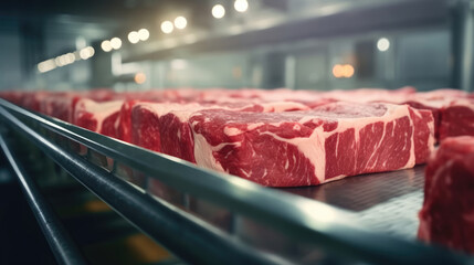 Wagyu beef processing plant, beef on the conveyor belt