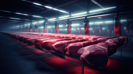 Fototapeta premium Wagyu beef processing plant, beef on the conveyor belt