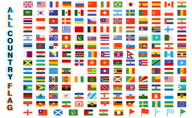 All world flags - vector set of rectangular icons. Flags of all countries.World national waving flags. Official country signs with names, countries flag banners. International travel symbols, geograph