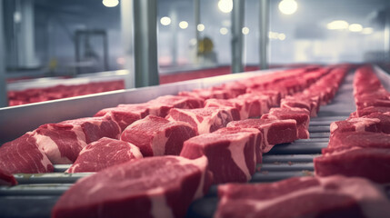 Wagyu beef processing plant, beef on the conveyor belt