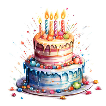 elaborate birthday cake with burning candles on top isolated against transparent background