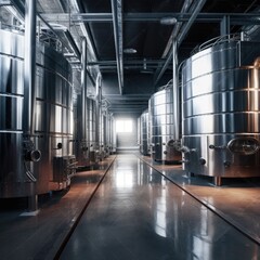 Naklejka na ściany i meble Closeup of contemporary winery with steel barrels. Generative ai