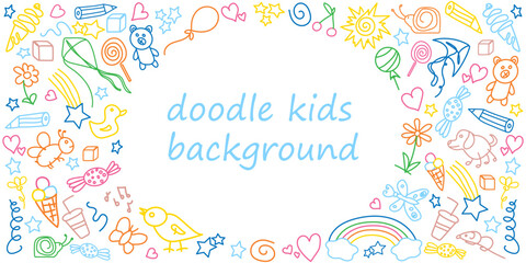 Kids doodle background. Horizontal frame template with children's colorful drawings. Outline drawn cartoon elements