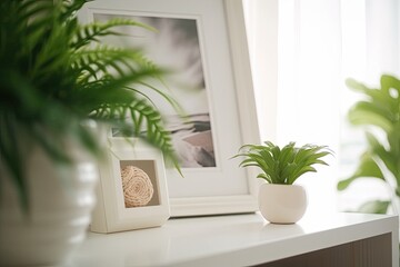 close-up mock-up of a frame in a background of a home interior with a plant in a vase,