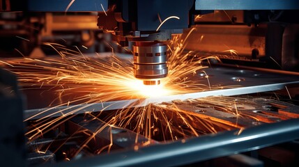 Cutting of metal. Sparks fly from laser Generative AI