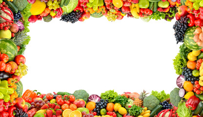 Fruits and vegetables frame on white background