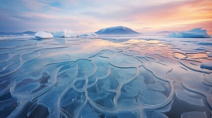 View of beautiful drawings on ice from cracks and bubbles of deep gas on surface of Baikal lake in winter, Russia Generative AI