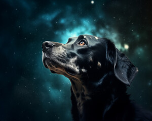 Dog looking up into heaven / dog looking up into space / dog looking into the stars / dog looking into galaxies
