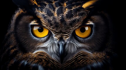 Yellow eyes of horned owl close up on a dark background Generative AI