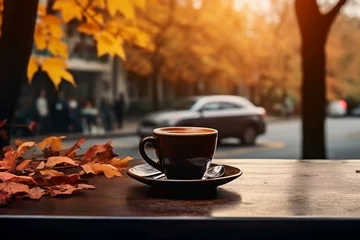 Gordijnen a cup of coffee on a cafe table street view autumn trees and leaves © Sam