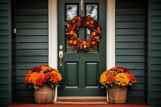 fall autumn wreath on green front door and autumn flower pot arrangementts on steps