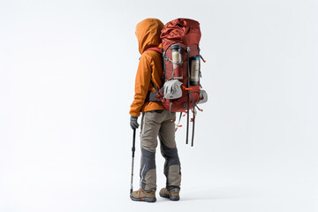 rear view of man hiker with backpack isolated on white background. mountain climber.