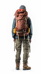 rear view of man hiker with backpack isolated on white background. mountain climber.