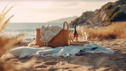 Picnic with basket and blanket at the beach