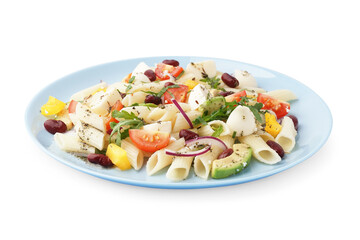Plate of tasty pasta salad with tomatoes and beans on white background