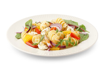 Plate of tasty pasta salad with pepper and red onion on white background