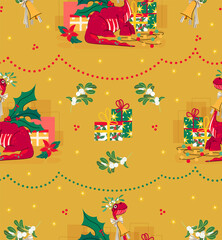 Cute dragon seamless pattern vector with gift box, garland and mistletoe on yellow background. Christmas Happy festive color ornament for wallpaper, cloth, fabric, tissue, wrapping paper, textile
