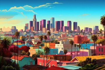 Fototapeta na wymiar Vibrant pop art cityscape of Los Angeles, Generative AI