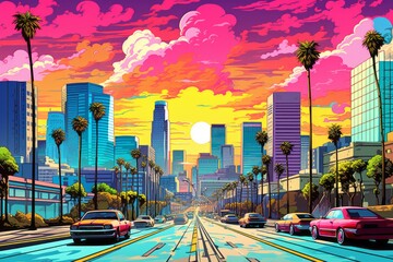 Vibrant pop art cityscape of Los Angeles, Generative AI - obrazy, fototapety, plakaty