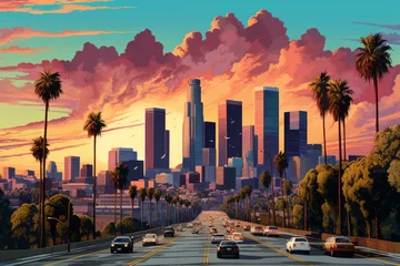 Poster Im Rahmen Vibrant pop art cityscape of Los Angeles, Generative AI © avrezn