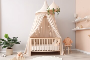 Wooden nursery with beige and white walls and a frame mockup. Baby crib with a canopy, a wide-angle view, and a wallpaper mockup. interior design in the past