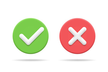 3d tick and X icons set. Checkmark and cross mark buttons. Yes and no X marks in green and red circles. Vector illustration for ui, infographic, website, app, web use © Dream Girl