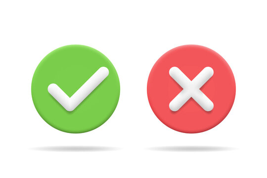 3d tick and X icons set. Checkmark and cross mark buttons. Yes and no X marks in green and red circles. Vector illustration for ui, infographic, website, app, web use