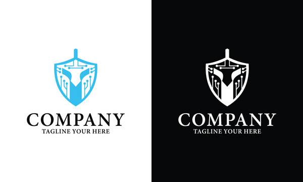 Spartan Warrior Logo Vector with swords security on a black and white background.