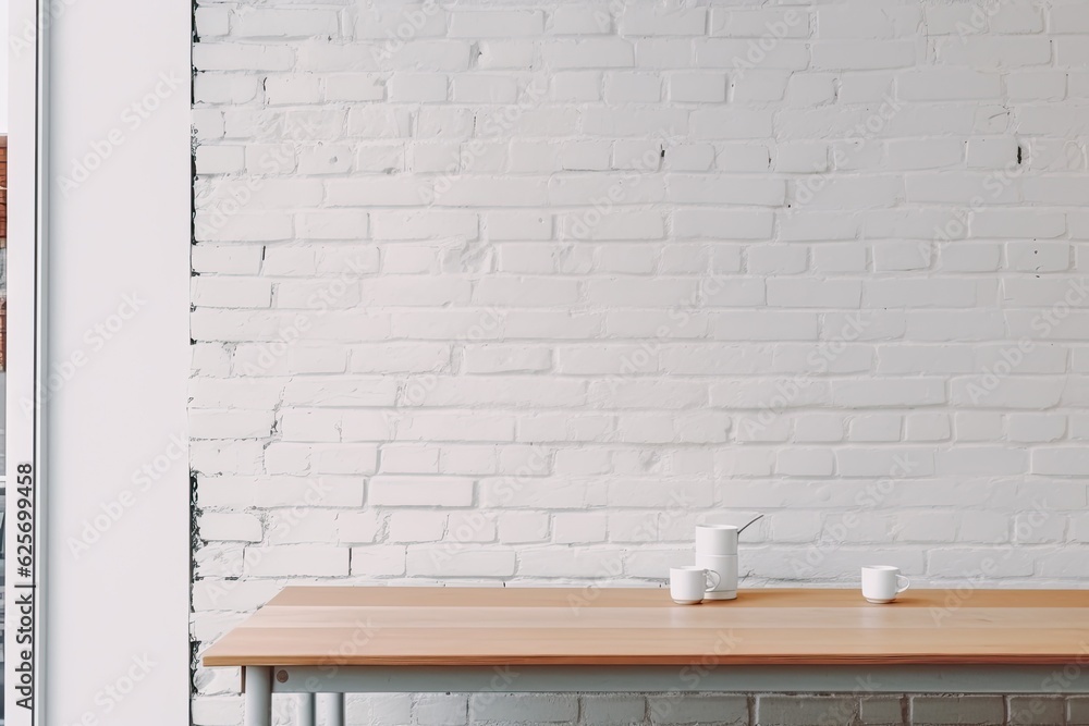 Sticker coffee cup and modern laptop are on a table next to a white brick wall.