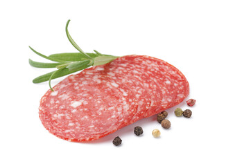 Slices of tasty salami isolated on white background