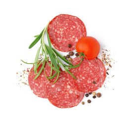 Slices of tasty salami with tomato and spices isolated on white background