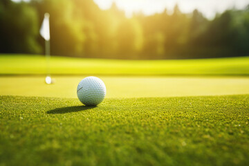 Golf ball on green course in golf club, close up. Created with Generative AI