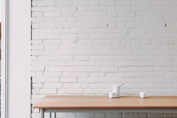 Coffee cup and modern laptop are on a table next to a white brick wall.