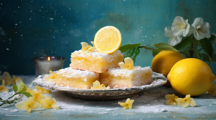 Baked Lemon Bars on Bright Pastel Backgrounds with Tropical Flowers and Fresh Leaves - Powdered Sugar Topping with Lemon Decorations - Generative AI