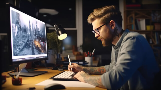 A graphic designer drawing on the computer
