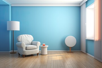Fototapeta na wymiar Interior of a living room with wooden flooring, blue walls, and a white armchair perched on the landing next to a round coffee table and a mock-up vertical poster.