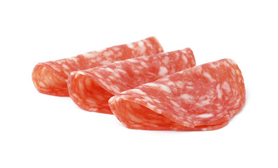 Slices of tasty salami on white background
