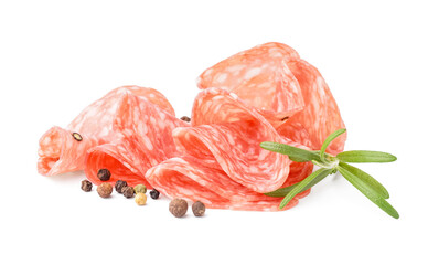 Slices of tasty salami on white background