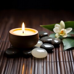 Fototapeta na wymiar Spa still life concept, Close up of spa theme on wood background with burning candle and bamboo leaf and flower