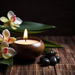 Obraz na płótnie Canvas Spa still life concept, Close up of spa theme on wood background with burning candle and bamboo leaf and flower