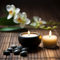 Spa still life concept, Close up of spa theme on wood background with burning candle and bamboo leaf and flower - obrazy, fototapety, plakaty
