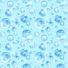 Light blue bubbles watercolor illustration. Hand drawn round transparent ball. Seamless pattern on blue background. Suitable for soap, shampoo, cosmetics, packaging, design.