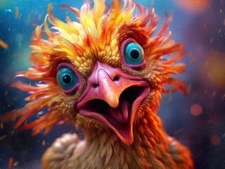 Conceptual digital art of crazy chicken in rich colors. Crazy chicken realistic style in detailed portrait and colorful background. Cartoon style of chicken. Realistic 3D illustration. Generative AI