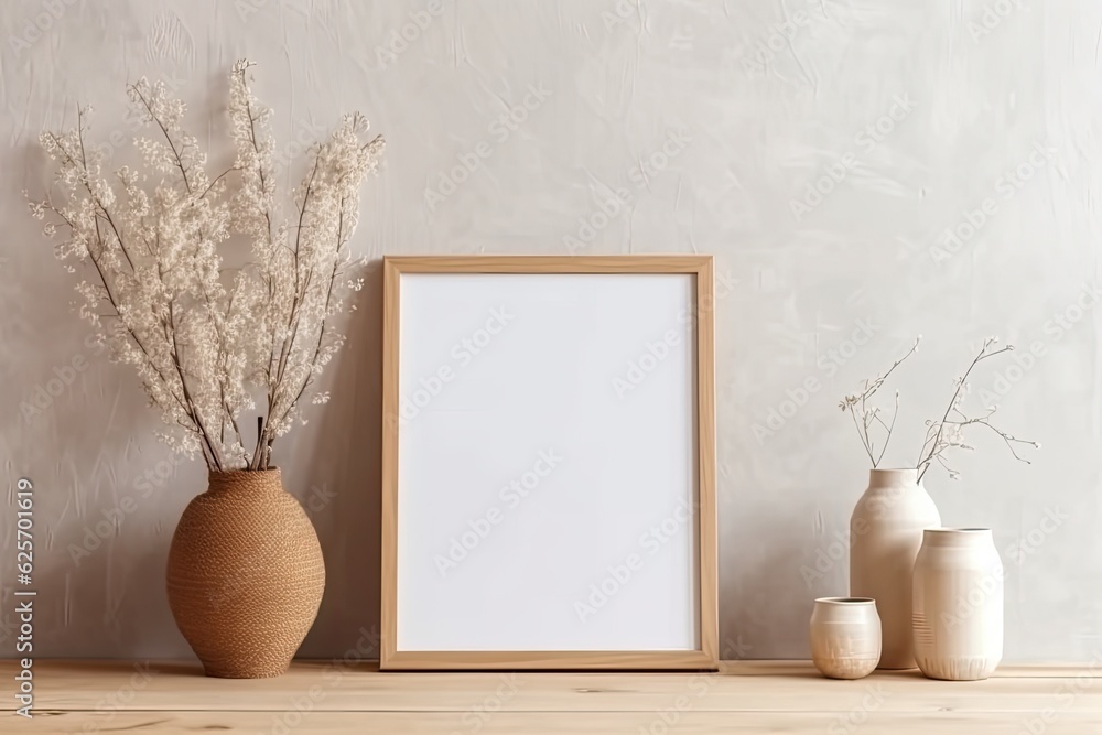 Sticker Mockup of a portrait wooden frame for the display of artwork, photographs, and prints. Interior with white walls, furniture, and decorations made of dry gypsophila.