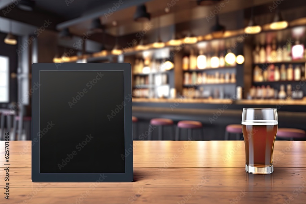 Poster mockup of a tablet with a blank screen and a magic keyboard on a wooden table in a caf� setting.